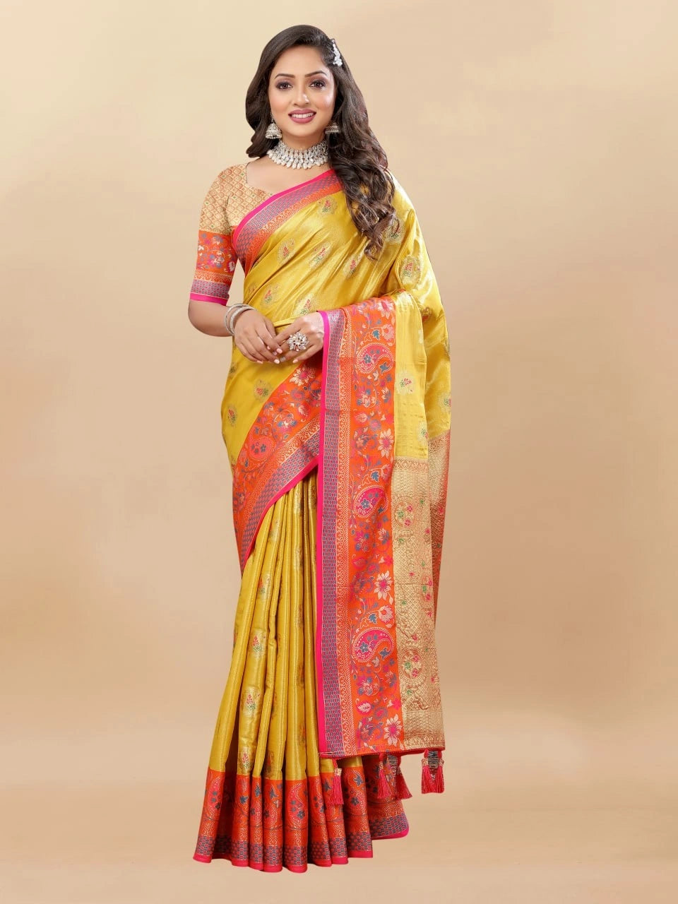 Soft Kanjivaram Silk Saree with Rich Zari Weaving and Tassel-Embellished Pallu