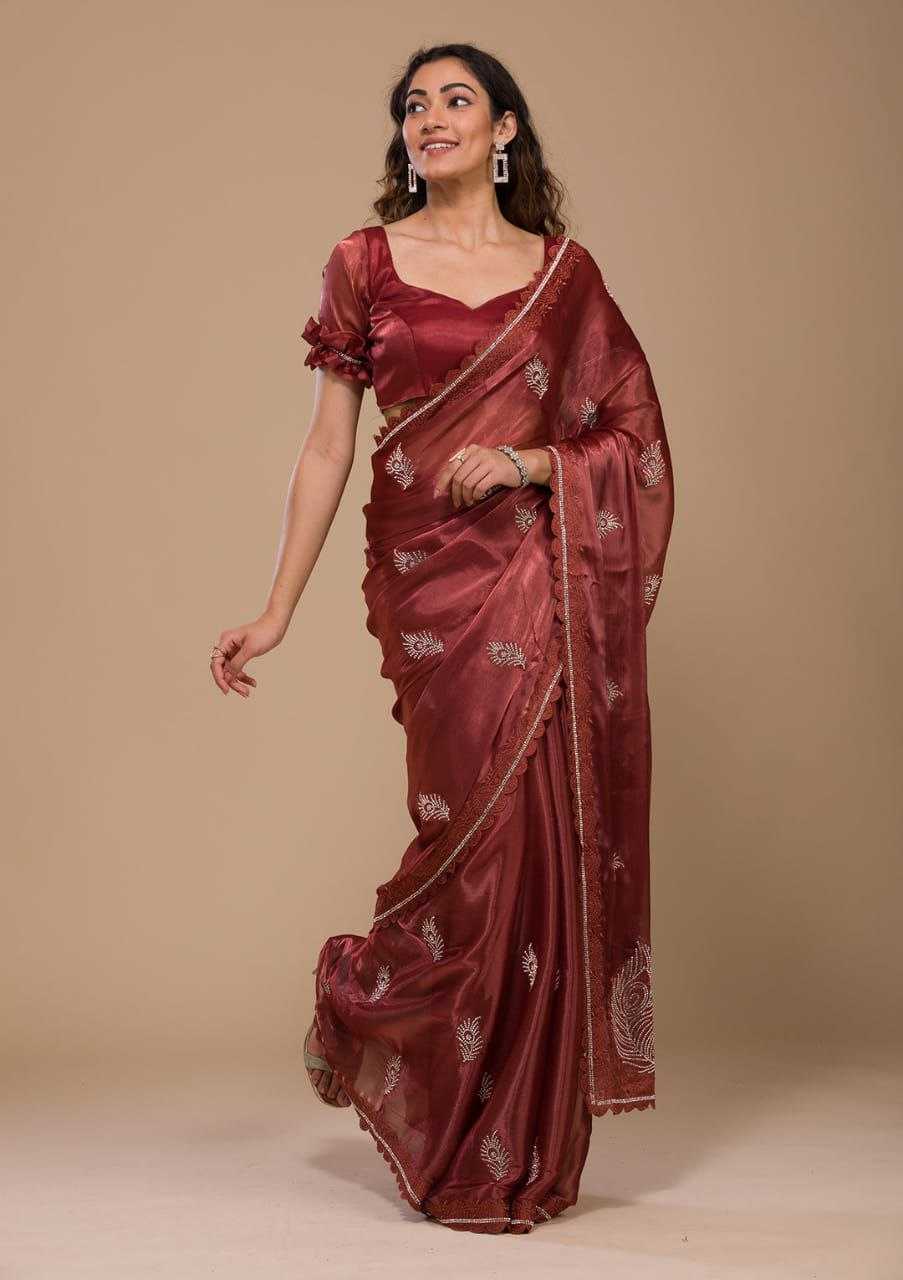 Elegant Burberry Silk Saree With Designer Swarovski Stone Work