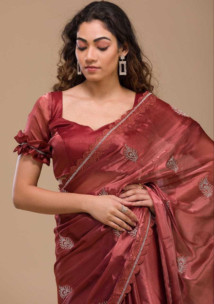 Elegant Burberry Silk Saree With Designer Swarovski Stone Work