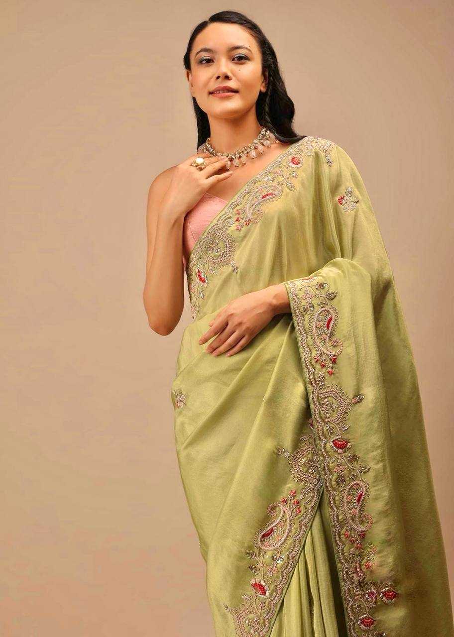 Lime Green Chinon Silk Saree