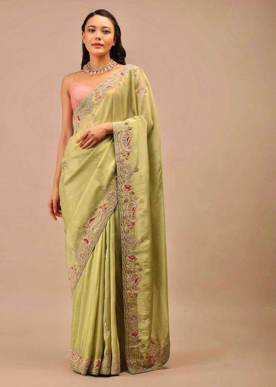 Lime Green Chinon Silk Saree