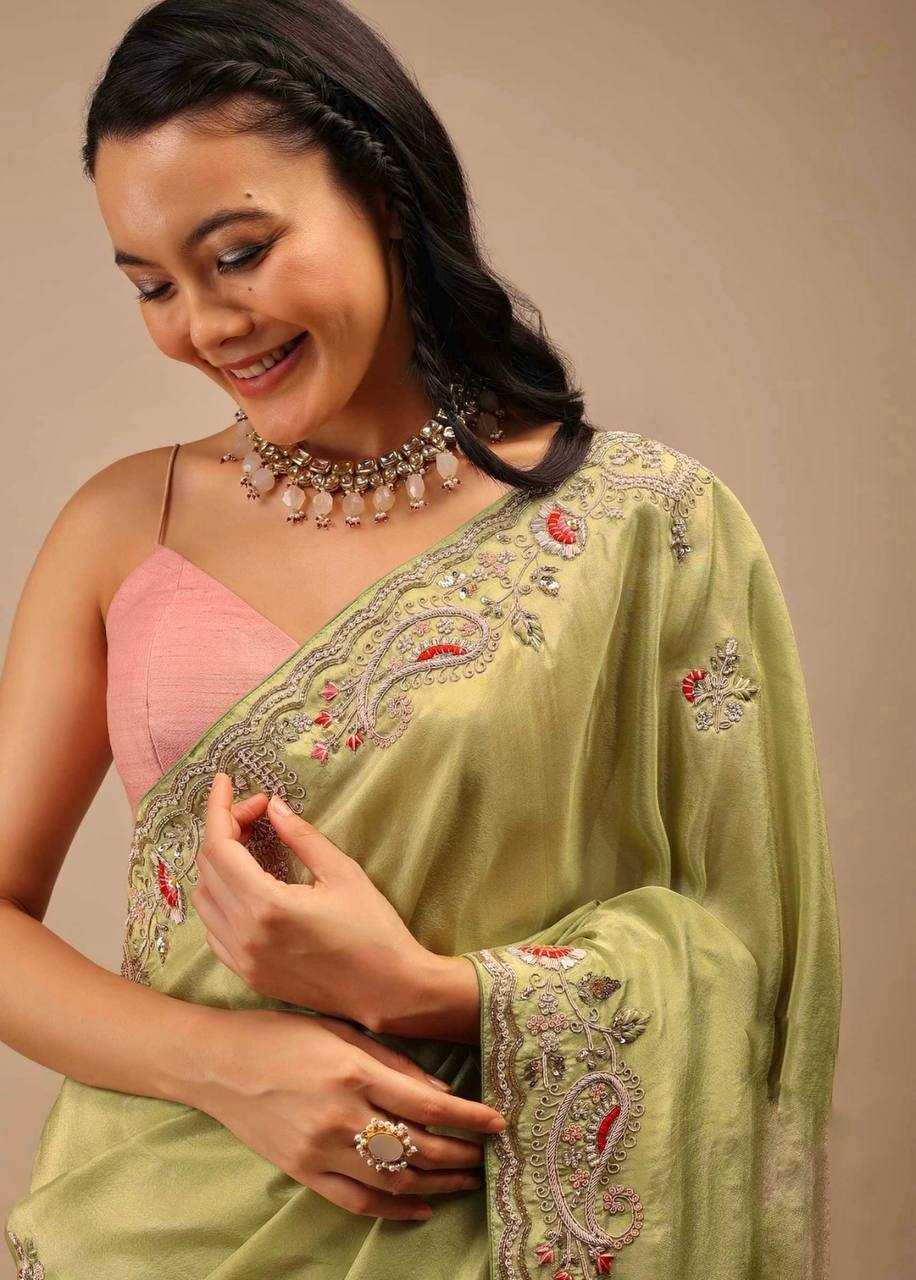 Lime Green Chinon Silk Saree