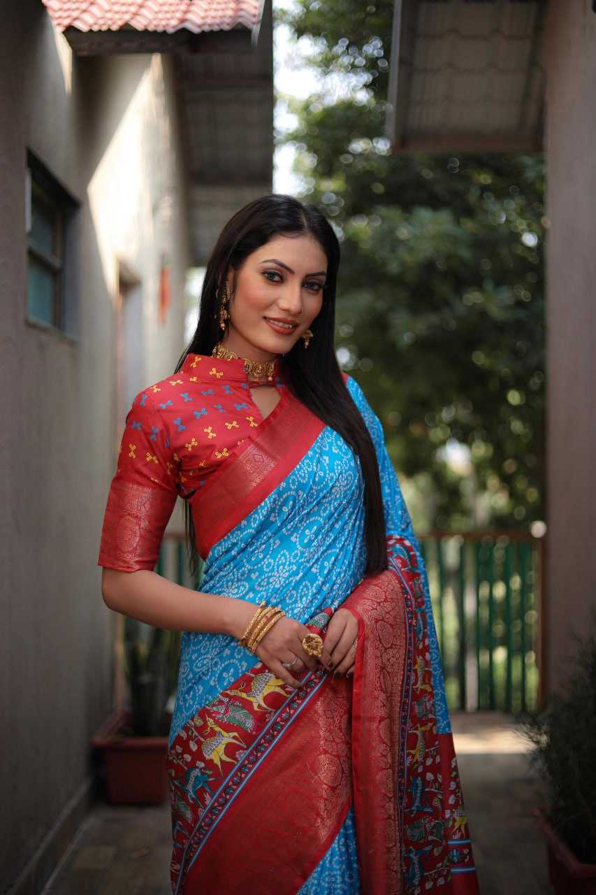 Stylish Dola Silk Saree with All Over Bandhej & Kalamkari Print