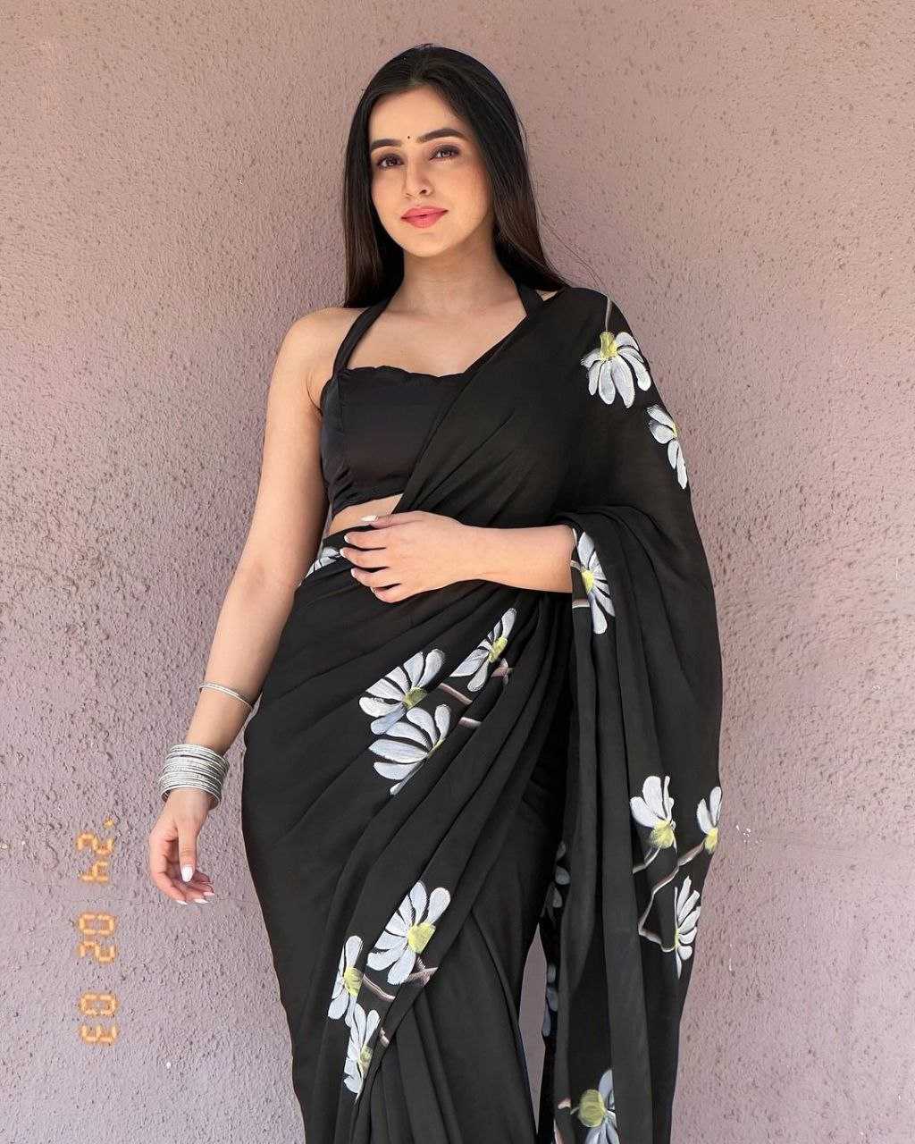 Black Faux Georgette Saree