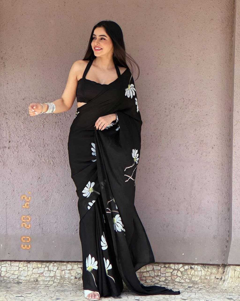 Black Faux Georgette Saree
