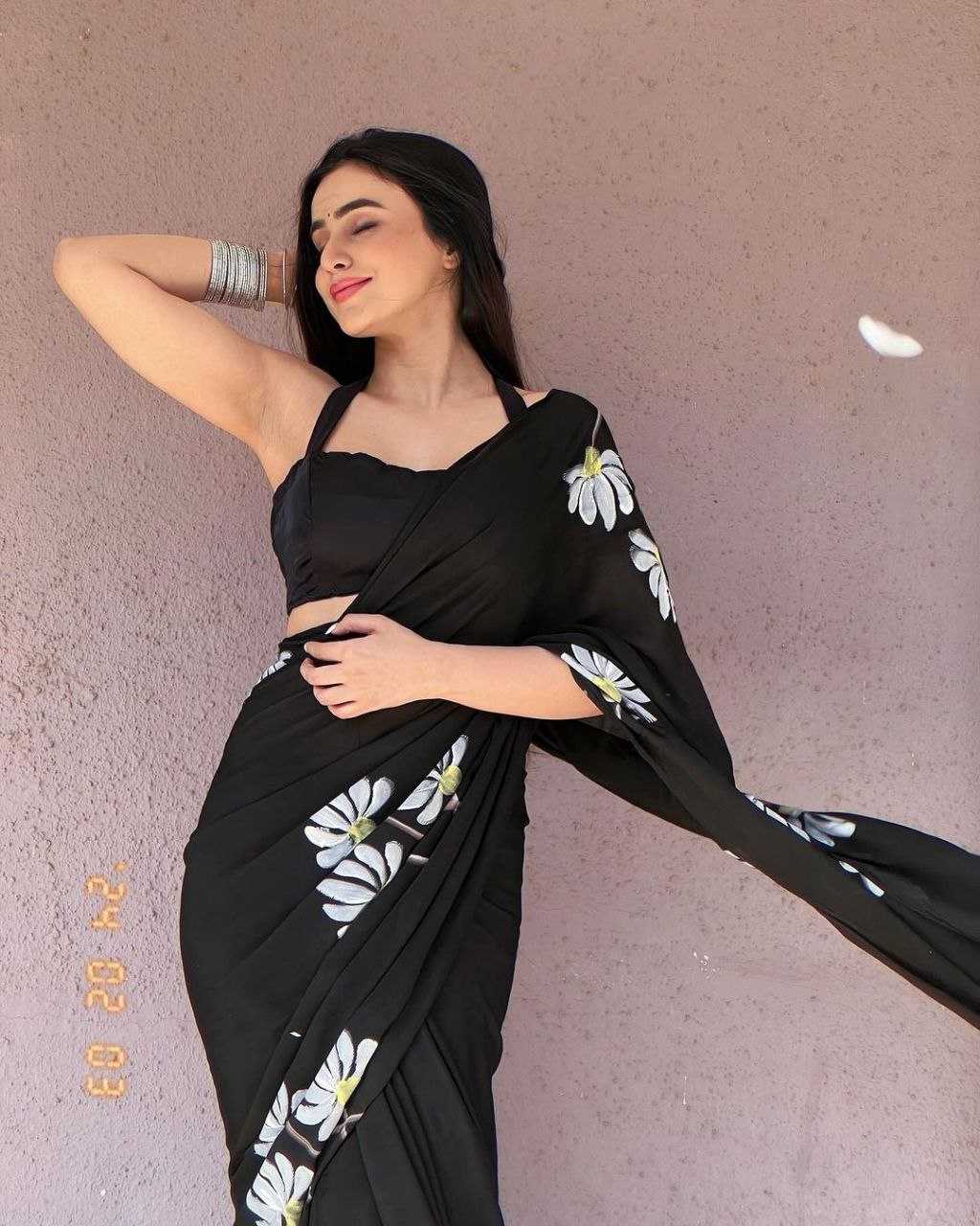 Black Faux Georgette Saree