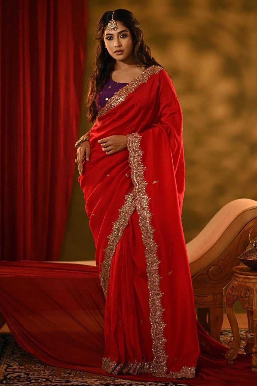Red Georgette Saree With Golden Tunic Sequence Work
