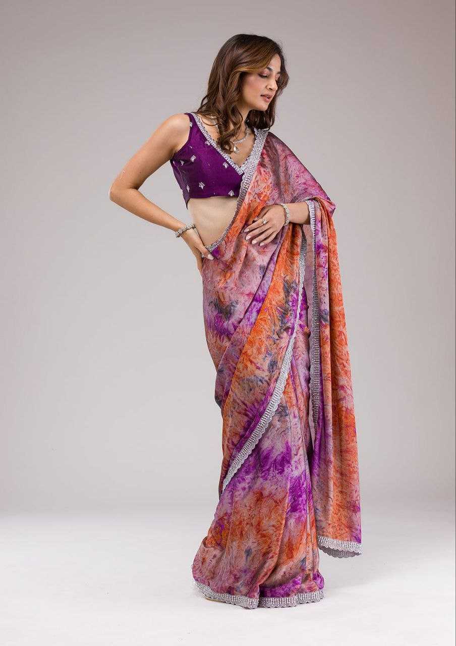 Purple Pure Georgette Saree With Digital Print and C-Pallu Zari Work