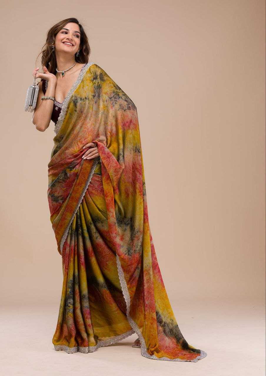 Yellow Pure Georgette Saree With Digital Print and C-Pallu Zari Work