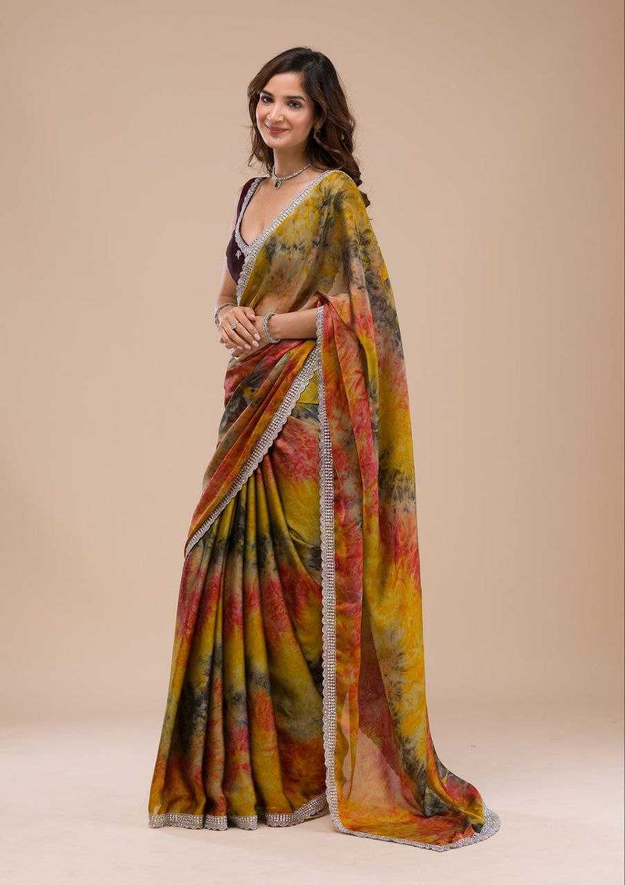 Yellow Pure Georgette Saree With Digital Print and C-Pallu Zari Work