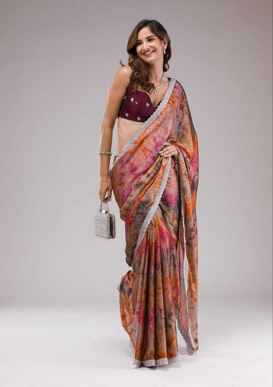 Pink Pure Georgette Saree With Digital Print and C-Pallu Zari Work