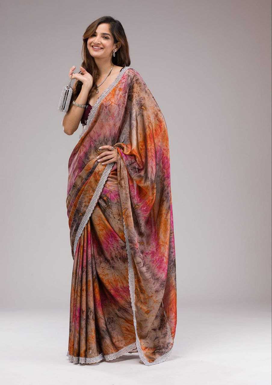 Pink Pure Georgette Saree With Digital Print and C-Pallu Zari Work