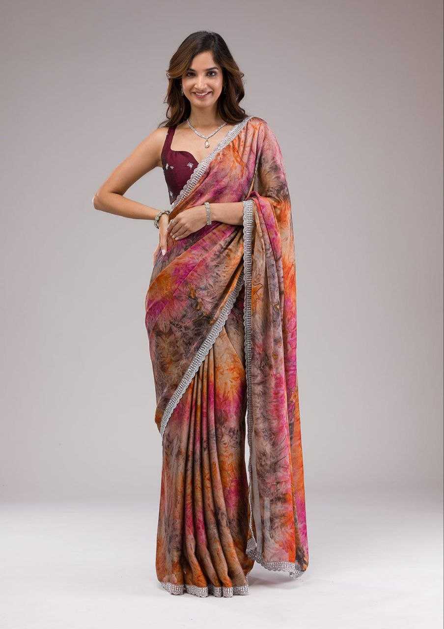Pink Pure Georgette Saree With Digital Print and C-Pallu Zari Work