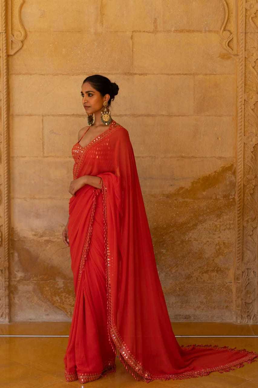 Plain Georgette Saree with Mirror Work