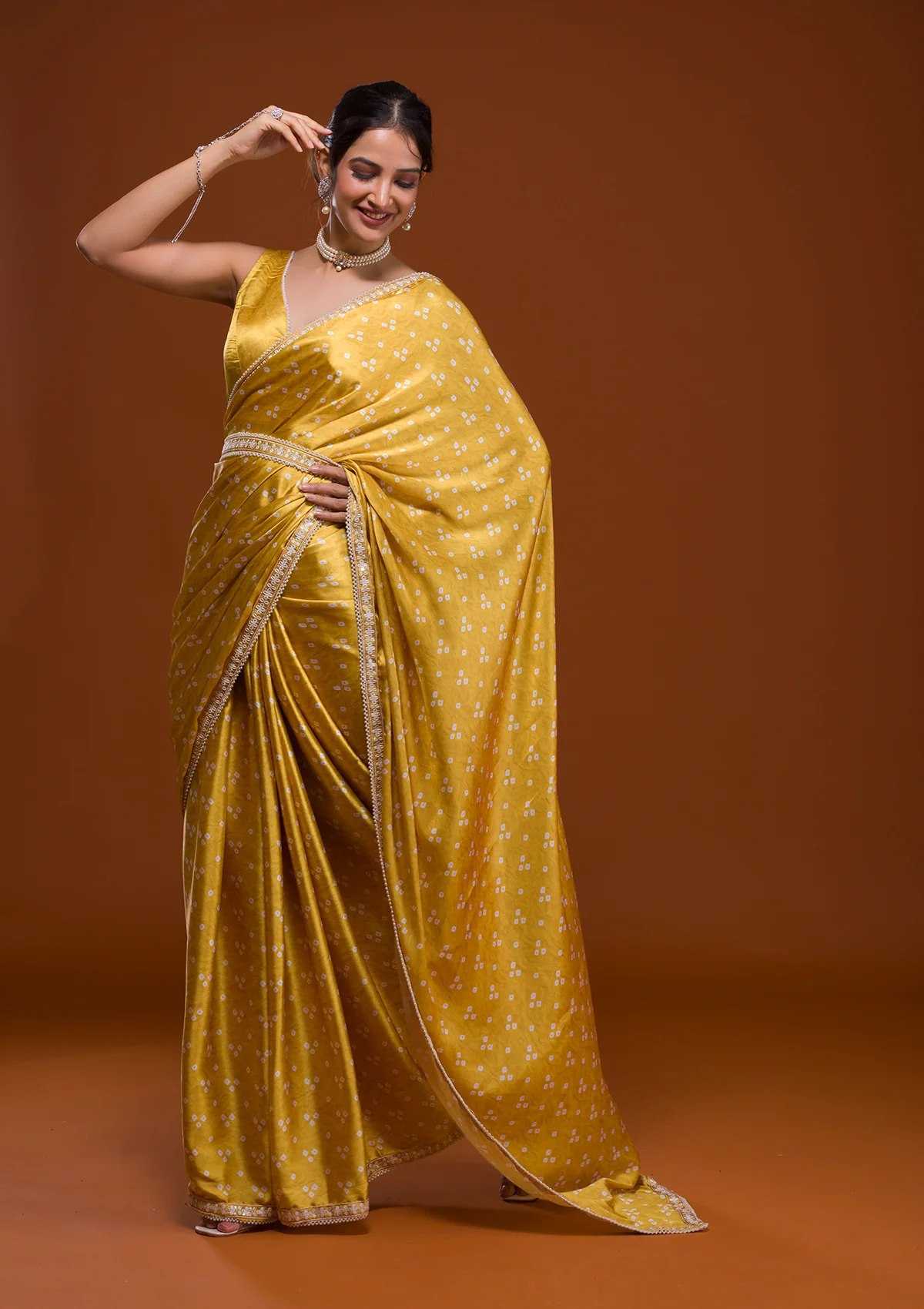Elegant Heavy Chinnon Silk Saree with Bandhani Print