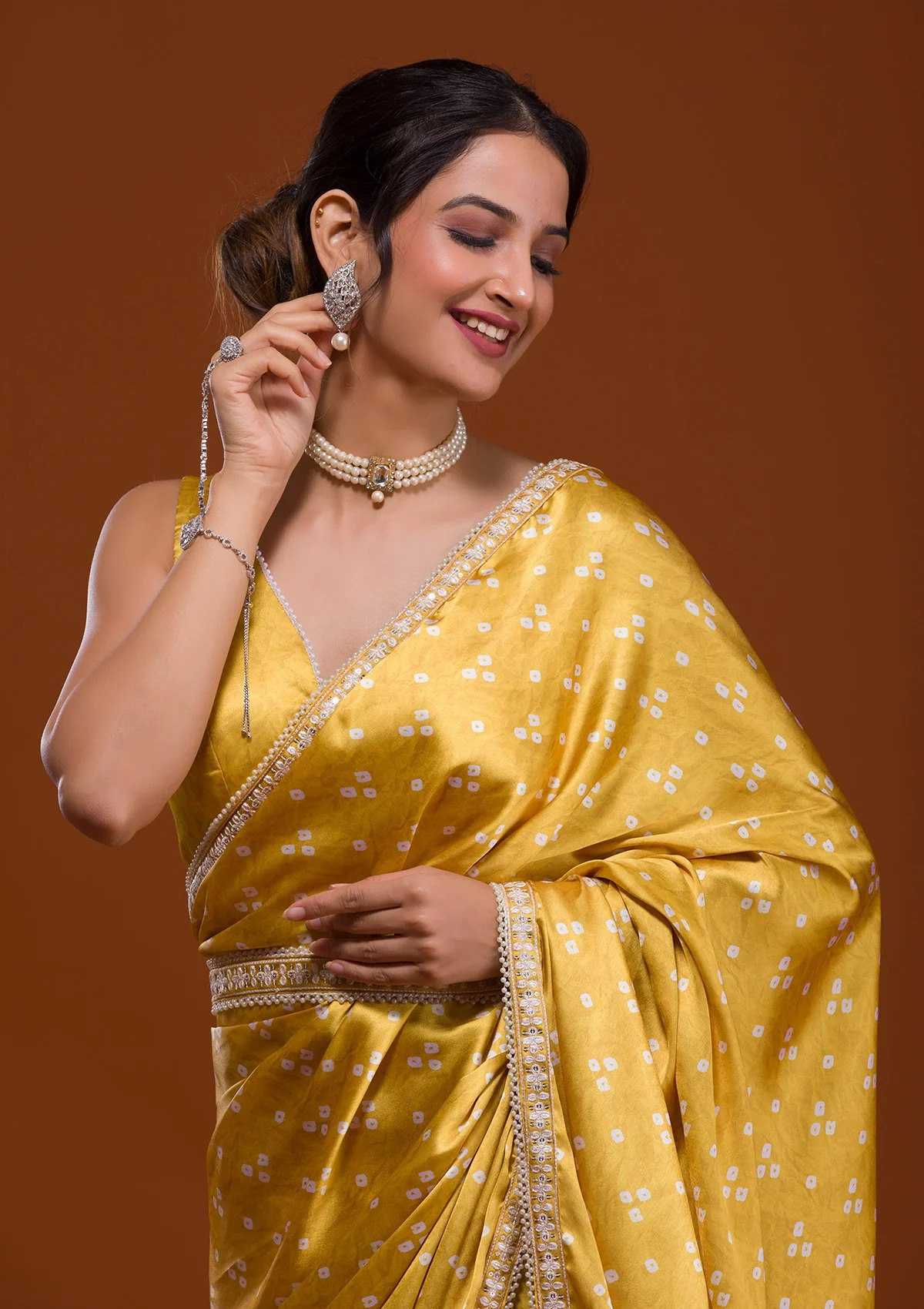 Elegant Heavy Chinnon Silk Saree with Bandhani Print