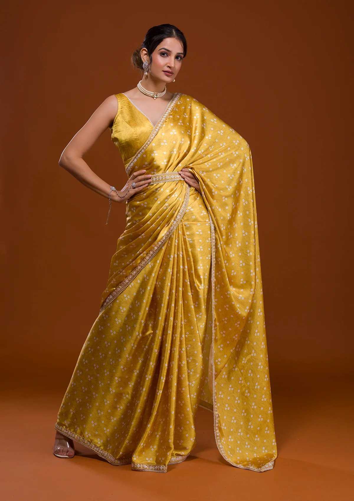 Elegant Heavy Chinnon Silk Saree with Bandhani Print