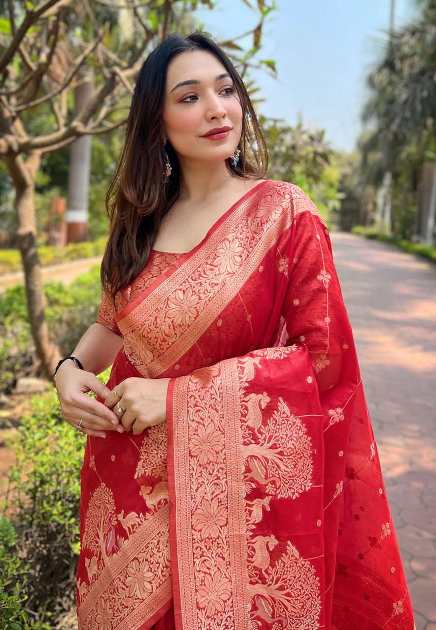 Traditional Organza Saree with Small Floral Weaves