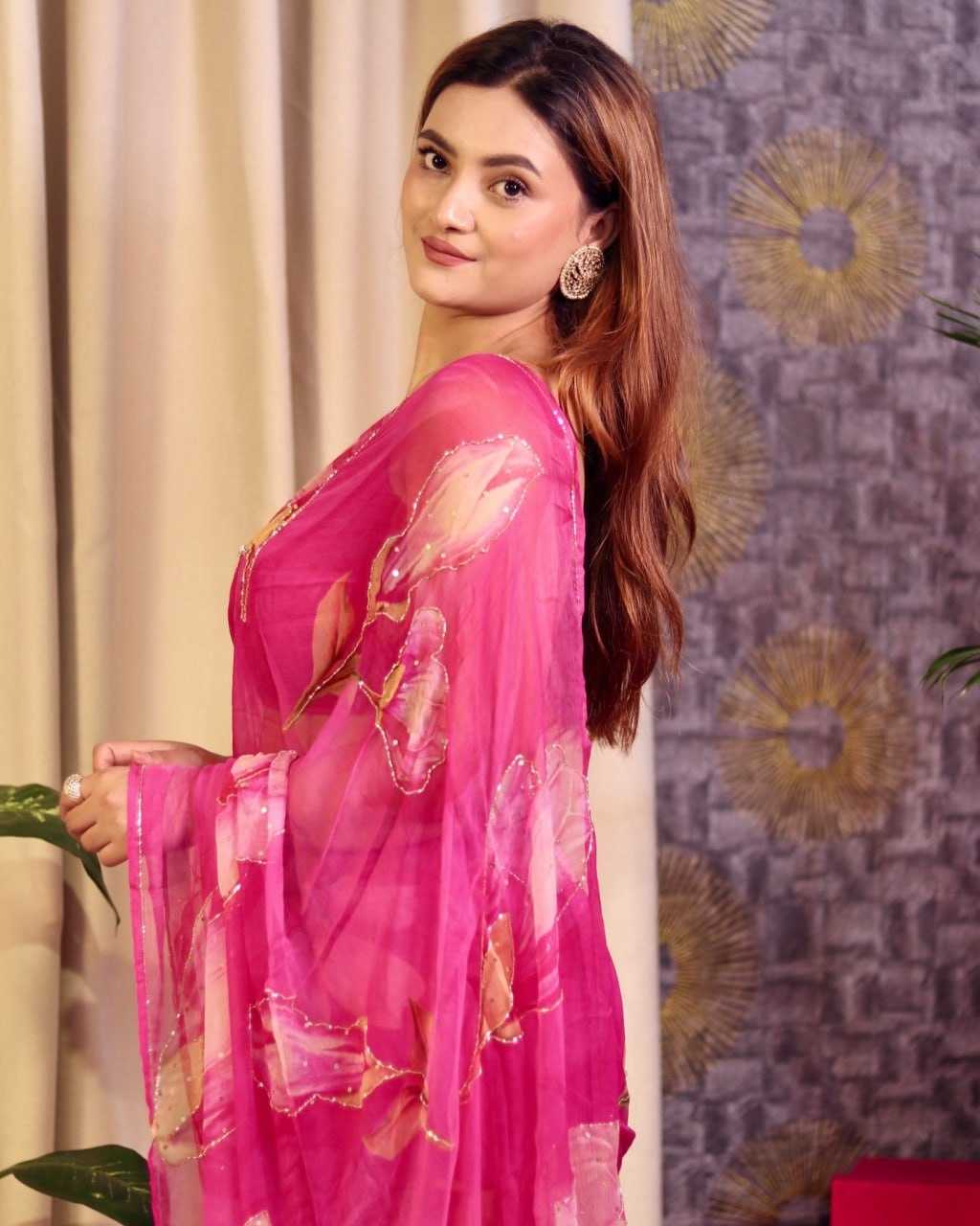 Elegant Pink Organza Saree