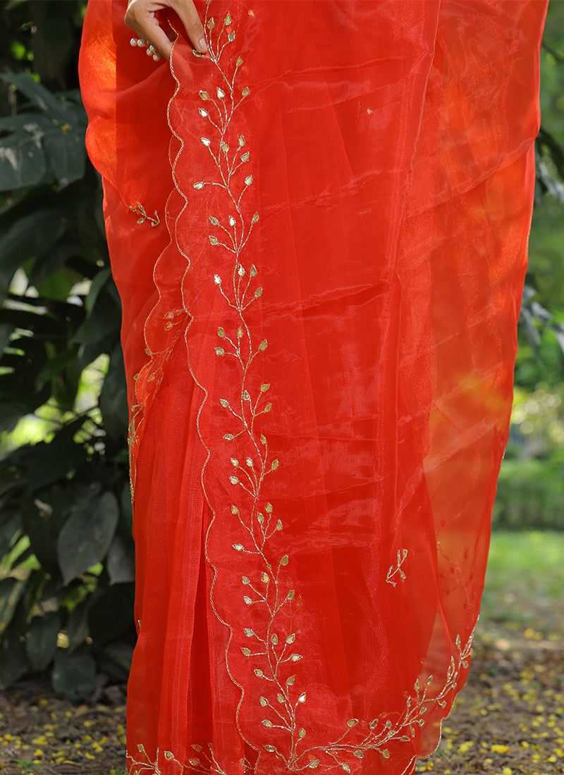 Stylish Organza Saree with Handwork Mirror Design