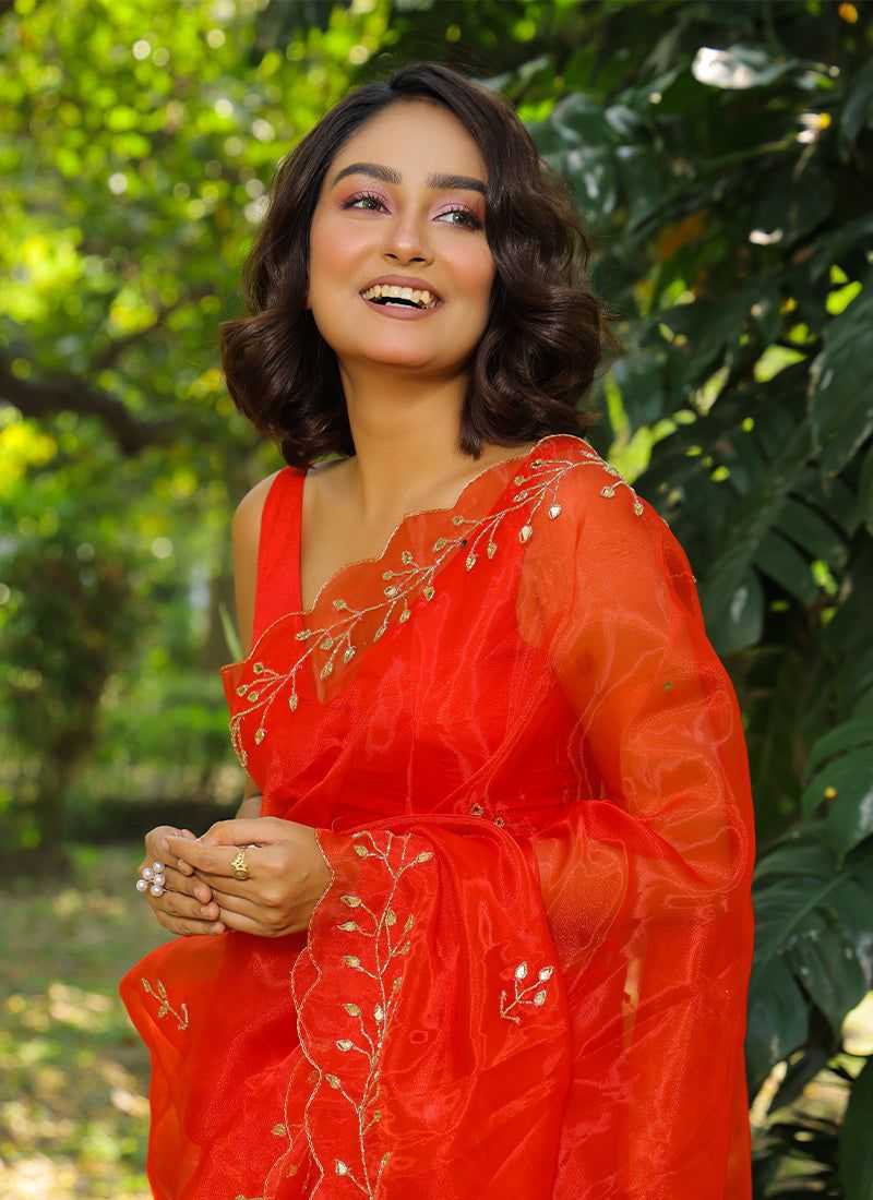 Stylish Organza Saree with Handwork Mirror Design