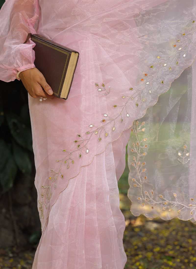 Stylish Organza Saree with Handwork Mirror Design