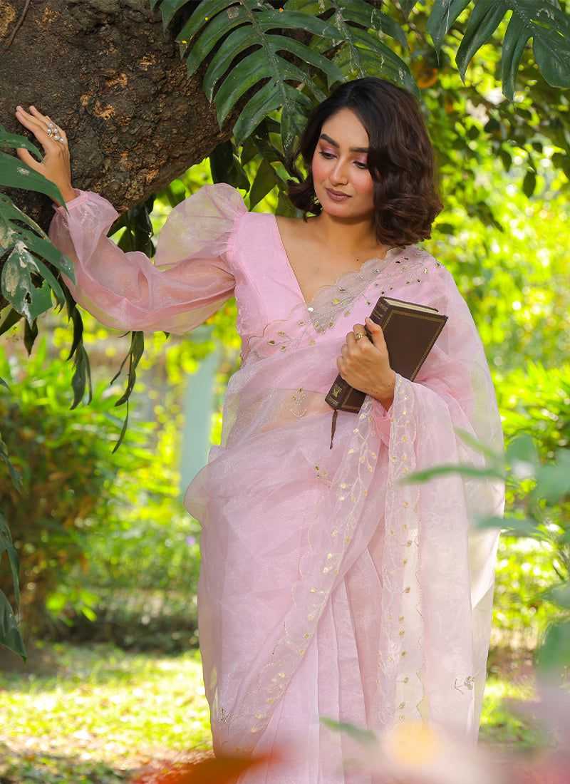 Stylish Organza Saree with Handwork Mirror Design