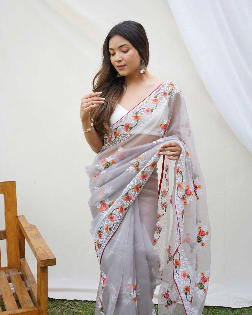 Beautiful Organza Saree with Embroidered Flowers All Over