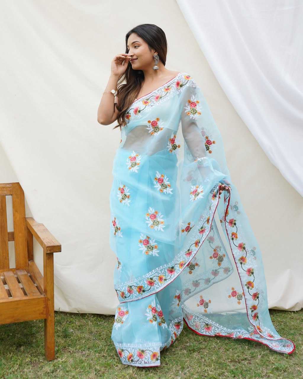 Beautiful Organza Saree with Embroidered Flowers All Over