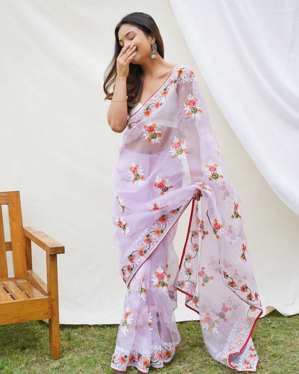 Beautiful Organza Saree with Embroidered Flowers All Over