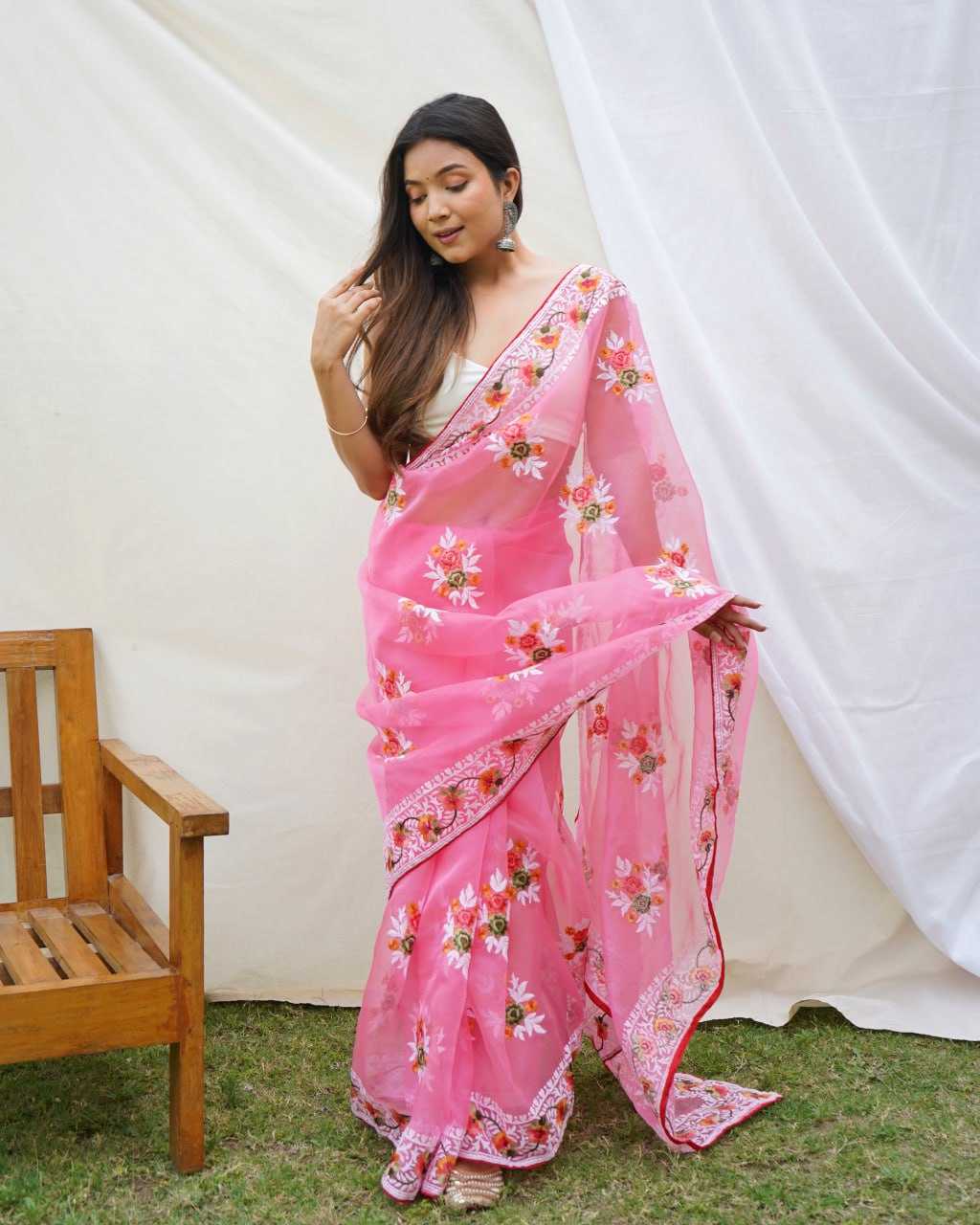 Beautiful Organza Saree with Embroidered Flowers All Over