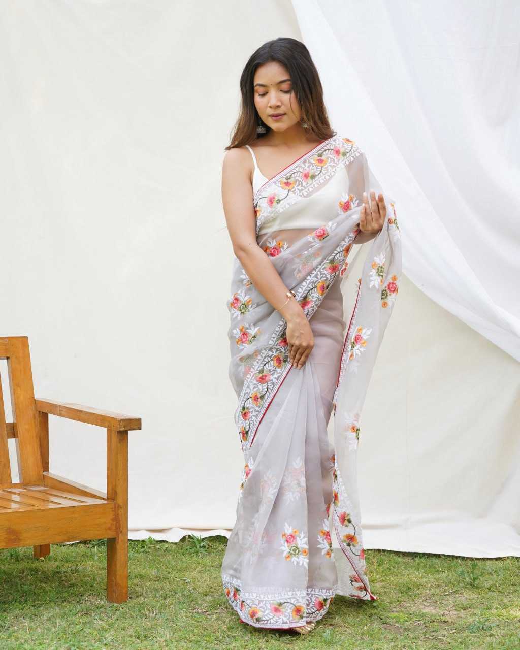 Beautiful Organza Saree with Embroidered Flowers All Over