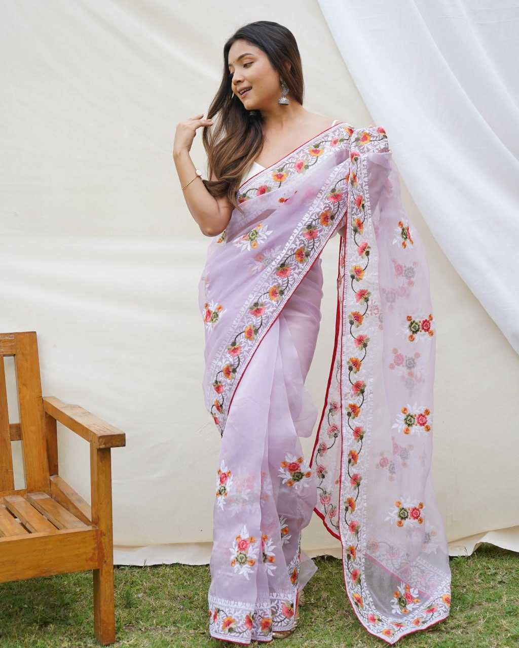 Beautiful Organza Saree with Embroidered Flowers All Over