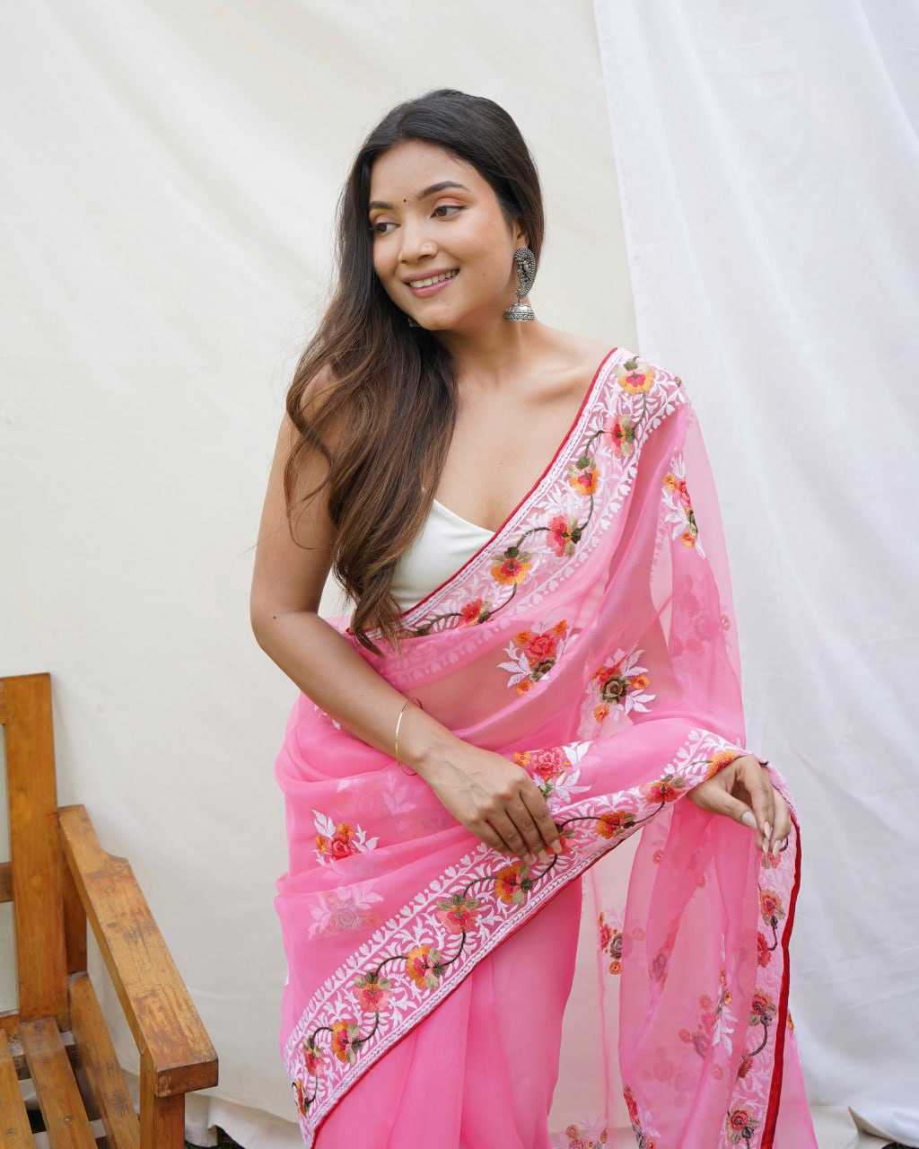 Beautiful Organza Saree with Embroidered Flowers All Over