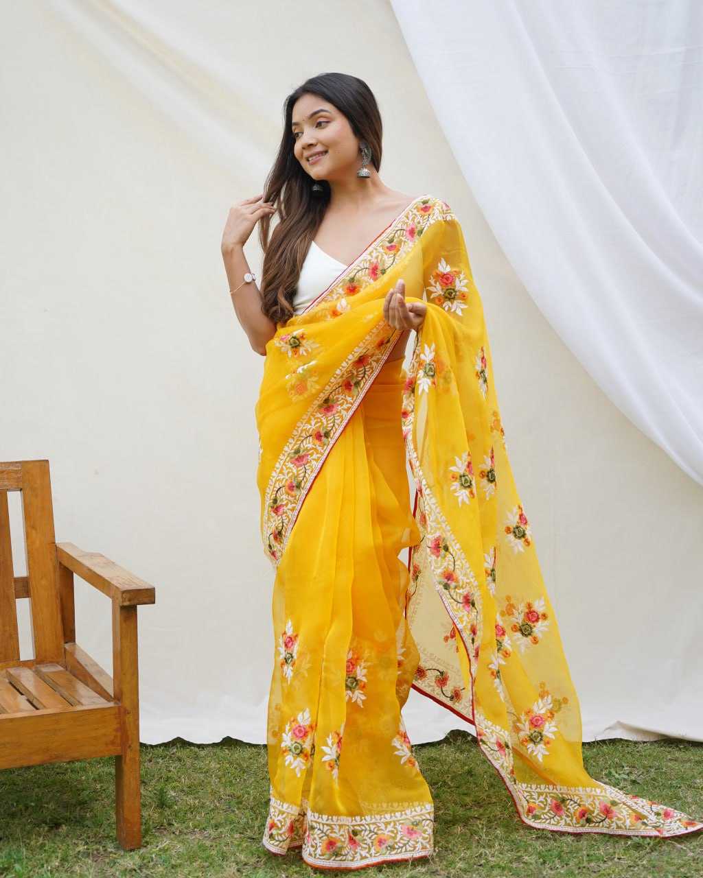Beautiful Organza Saree with Embroidered Flowers All Over