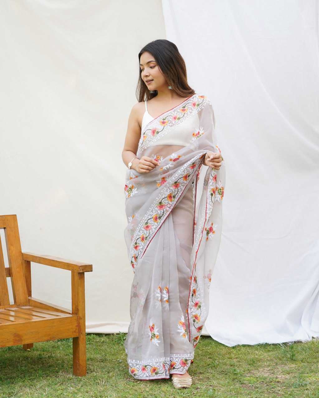 Beautiful Organza Saree with Embroidered Flowers All Over