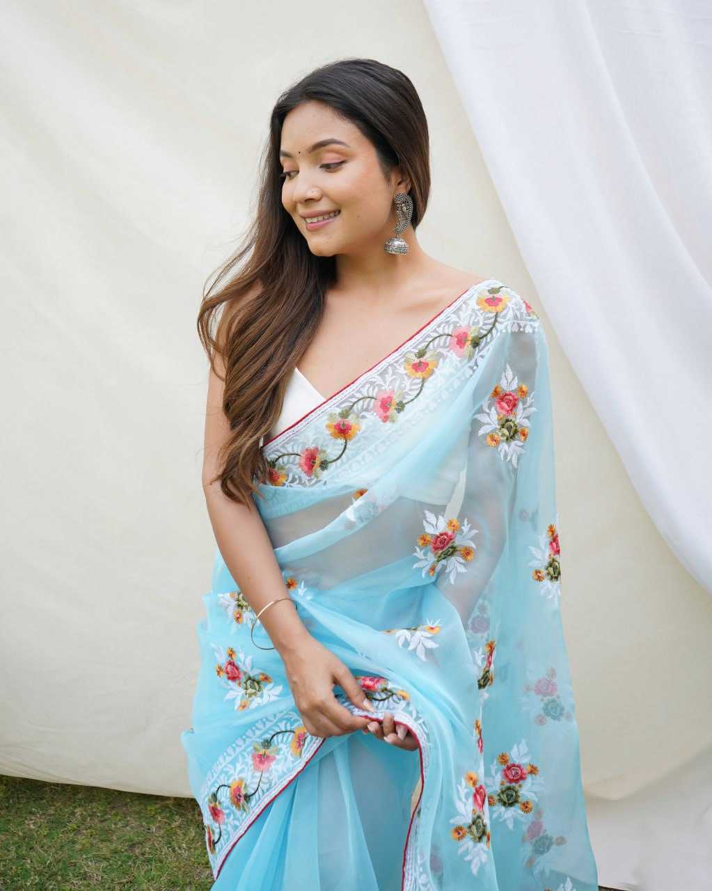 Beautiful Organza Saree with Embroidered Flowers All Over