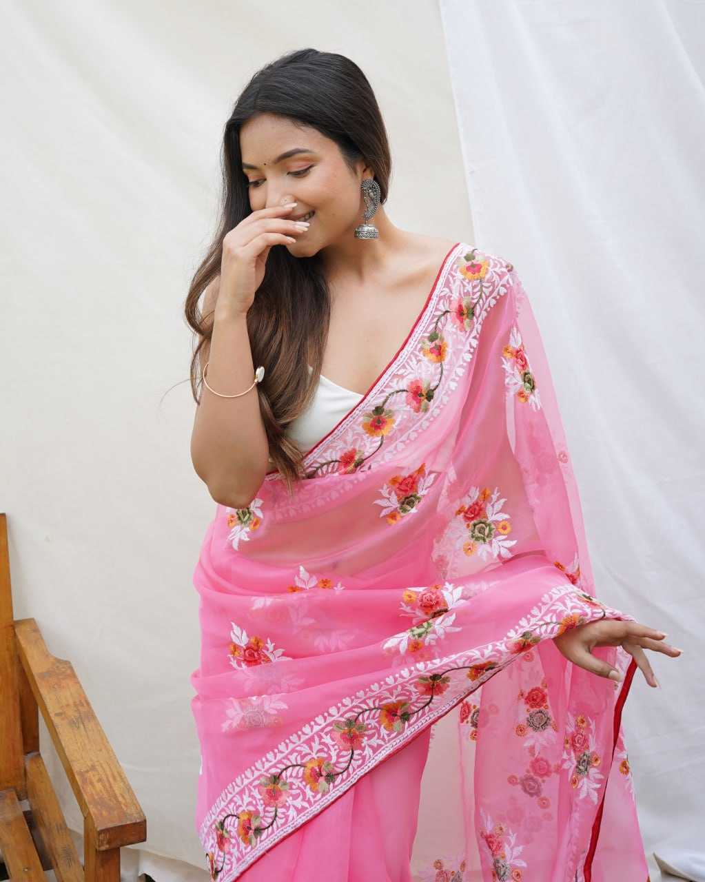 Beautiful Organza Saree with Embroidered Flowers All Over
