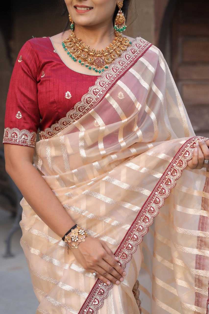Cream Organza Silk Saree with Leheriya Pattern