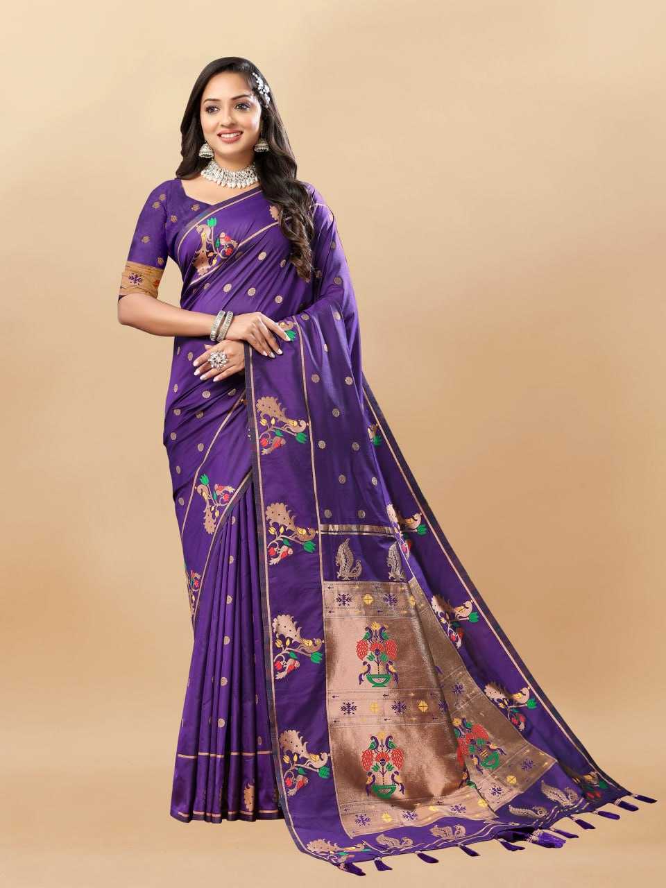 Soft Paithani Silk Saree with Gold Zari Weaving Motifs
