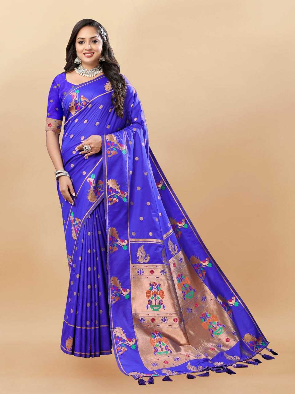 Soft Paithani Silk Saree with Gold Zari Weaving Motifs