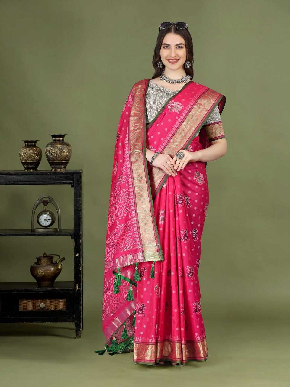 Traditional Patola Silk Saree with Meenakari Zari Weaving Motifs