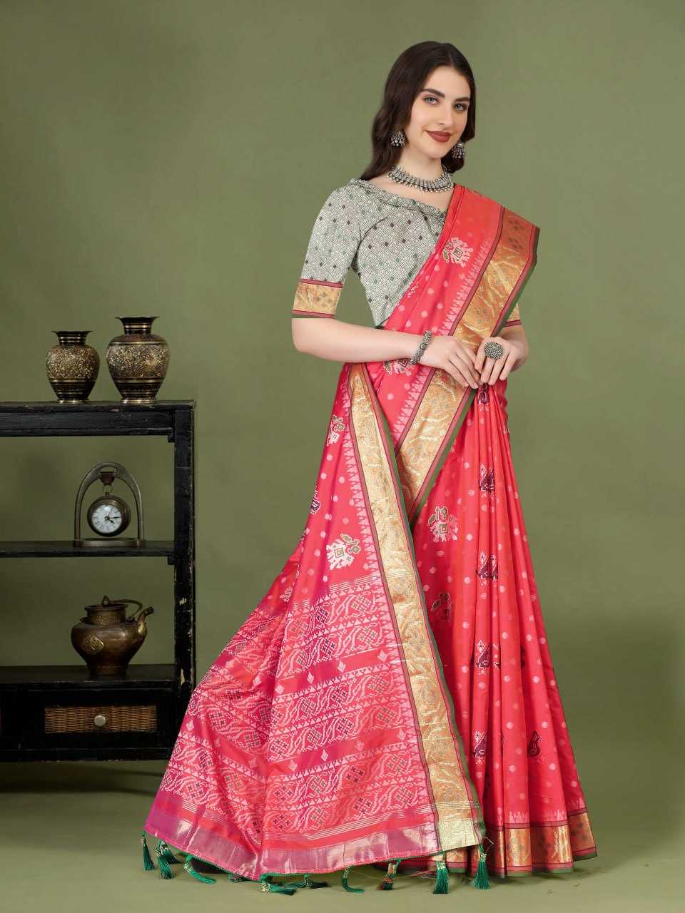 Traditional Patola Silk Saree with Meenakari Zari Weaving Motifs
