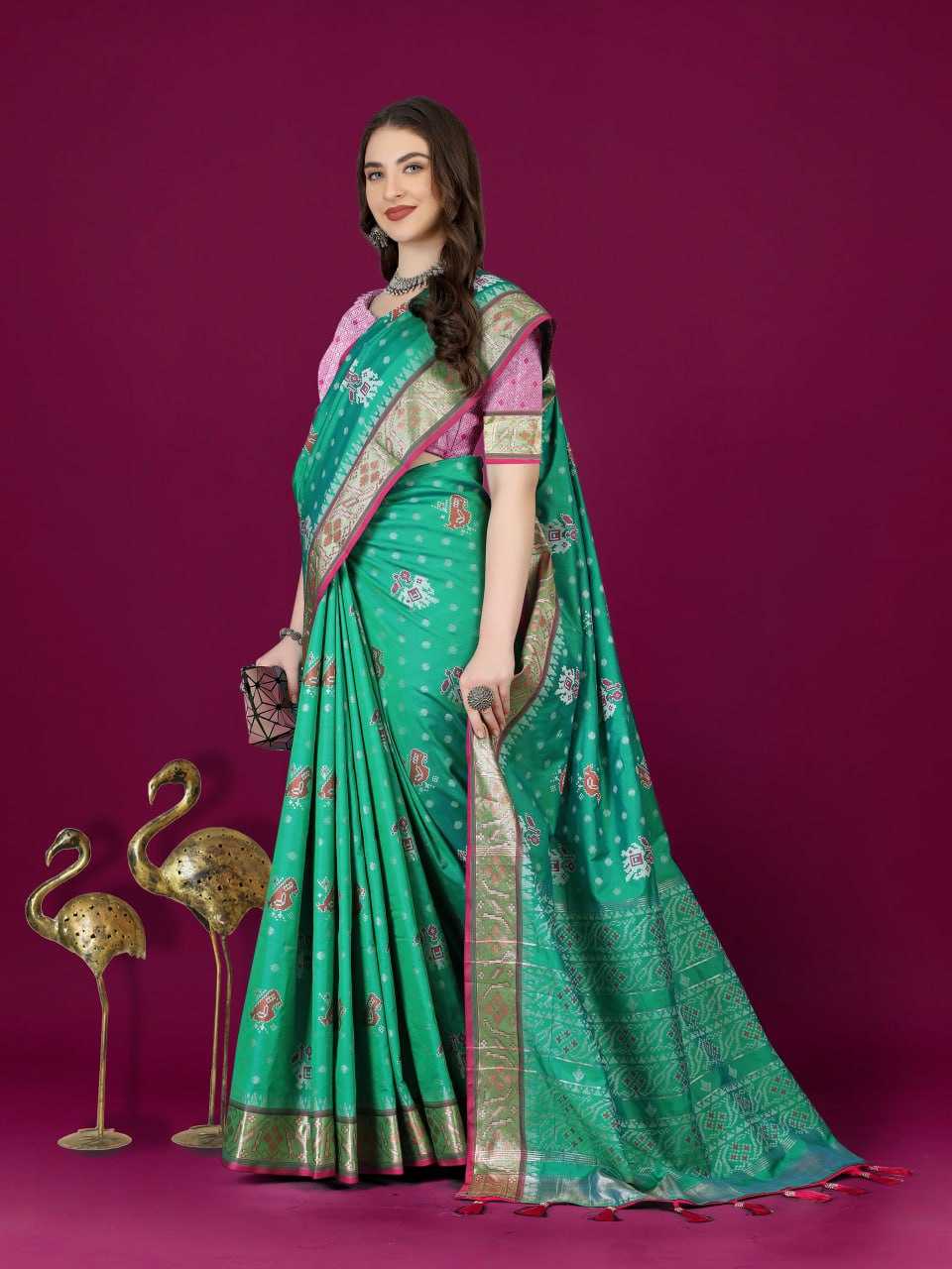Traditional Patola Silk Saree with Meenakari Zari Weaving Motifs
