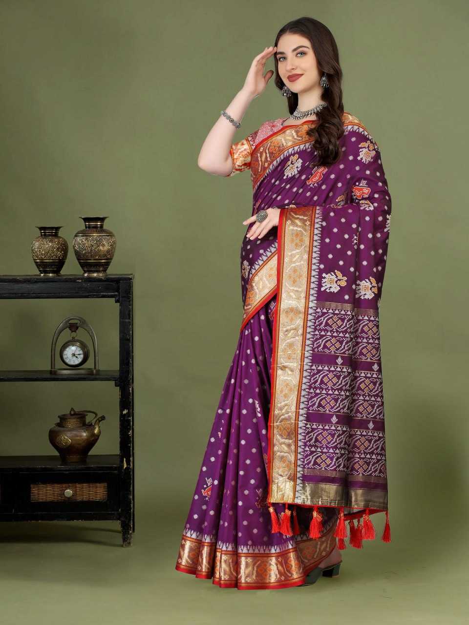 Traditional Patola Silk Saree with Meenakari Zari Weaving Motifs