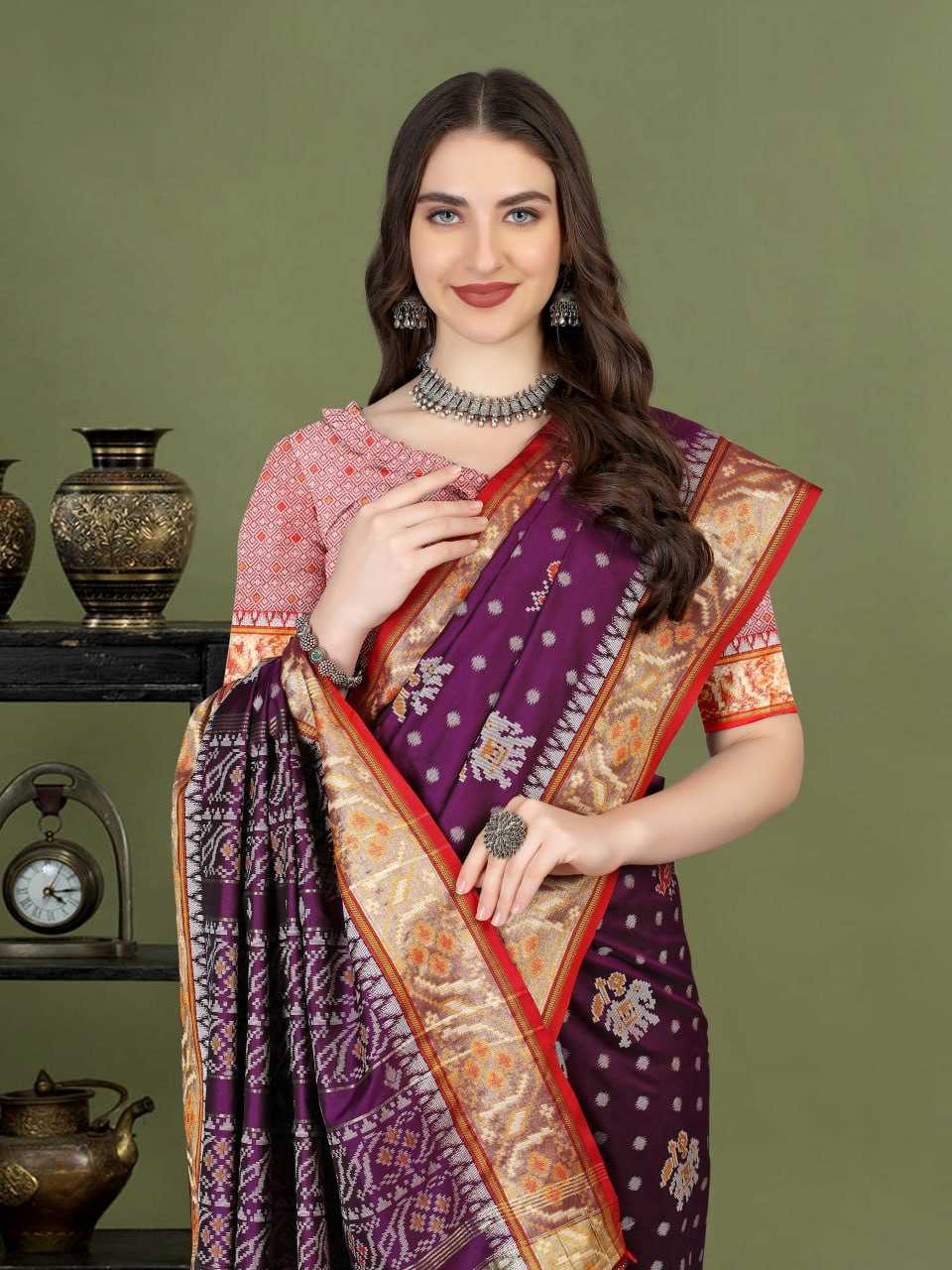 Traditional Patola Silk Saree with Meenakari Zari Weaving Motifs