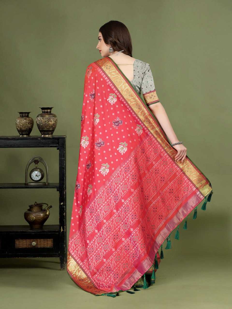 Traditional Patola Silk Saree with Meenakari Zari Weaving Motifs