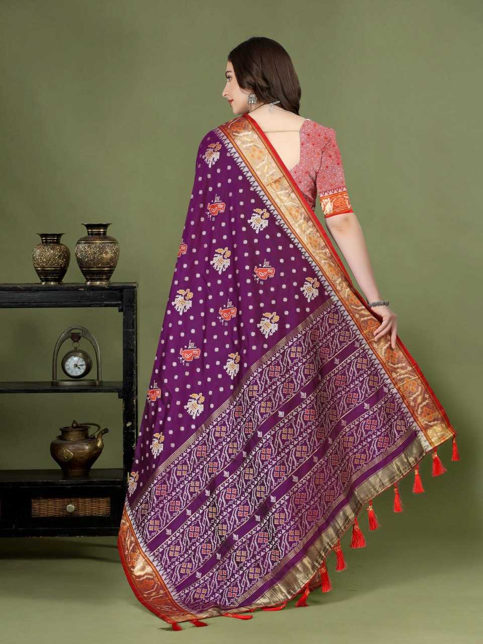 Traditional Patola Silk Saree with Meenakari Zari Weaving Motifs