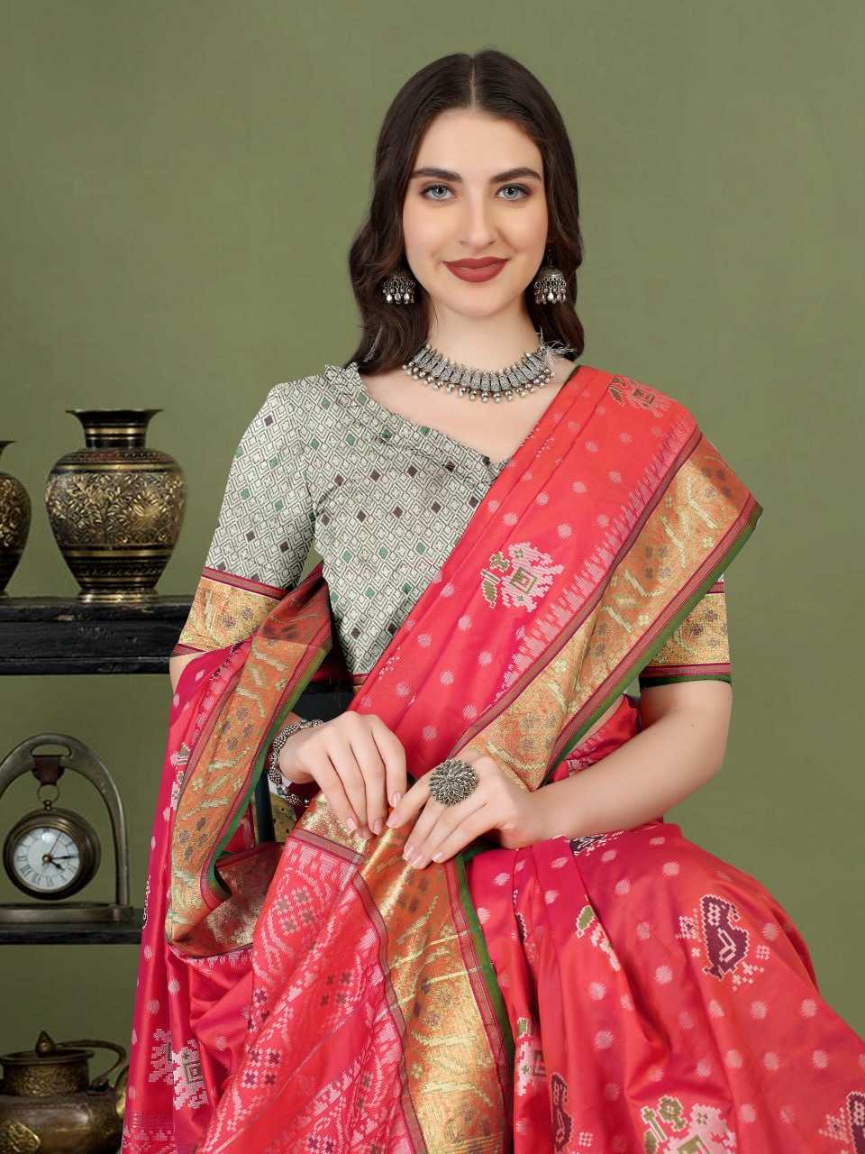 Traditional Patola Silk Saree with Meenakari Zari Weaving Motifs