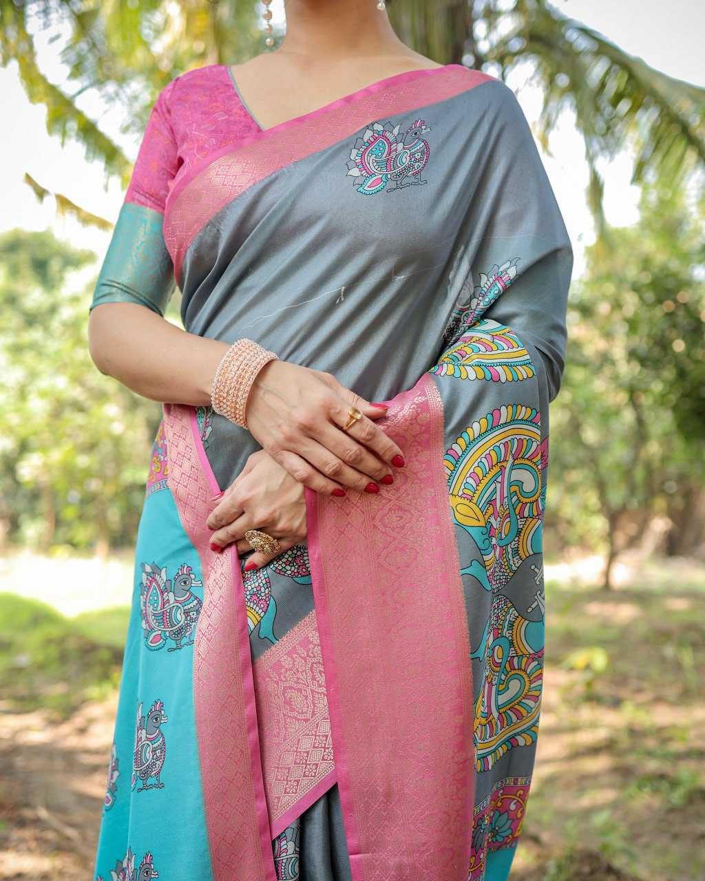 Gray & Pink Pure Silk Saree